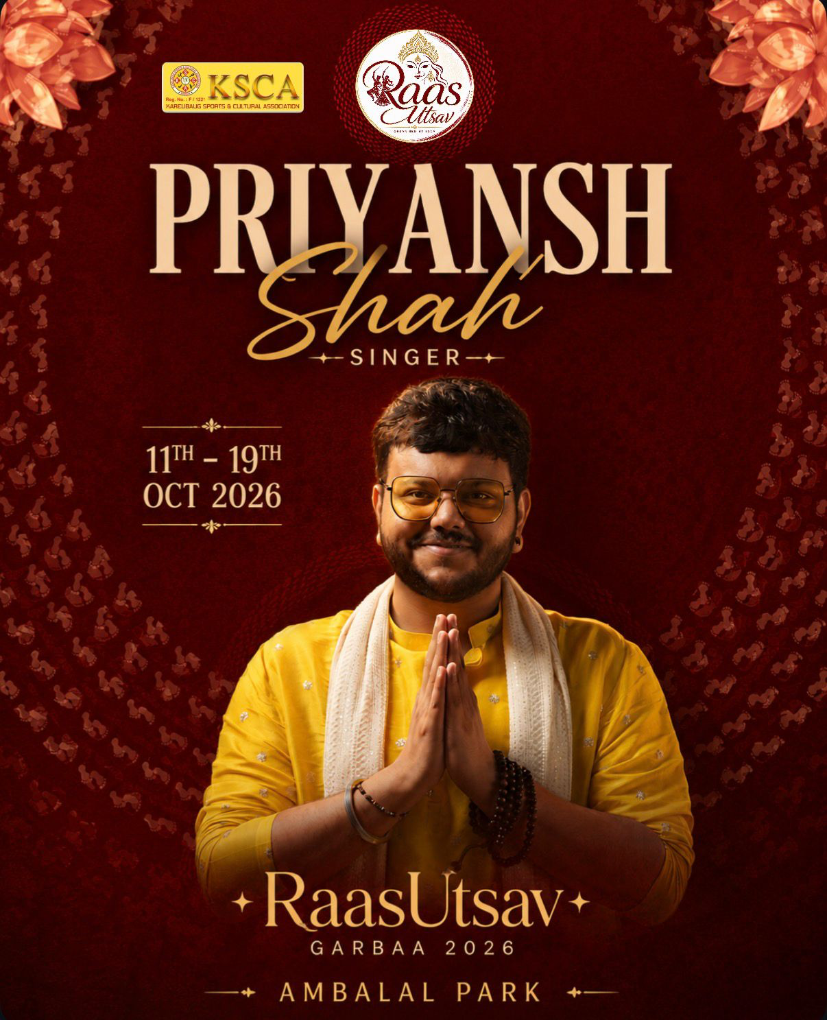 Priyansh Shah, singer for RaasUtsav Garba 2026 at Ambalal Park, Vadodara